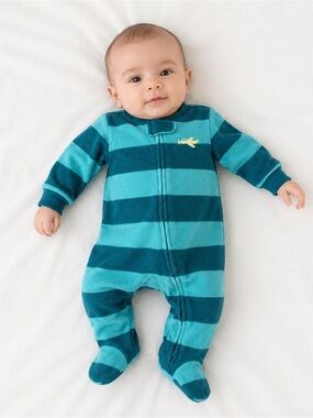 3/$25 Carter’s Child of Mine Plane Teal Striped Fleece Footed Sleeper 0-3M Zip